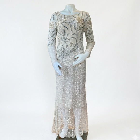 Adrianna Papell Dresses & Skirts - Adrianna Papell Embellished Illusion Gown Beaded Floral Sequin Sz 6  Maxi Modest